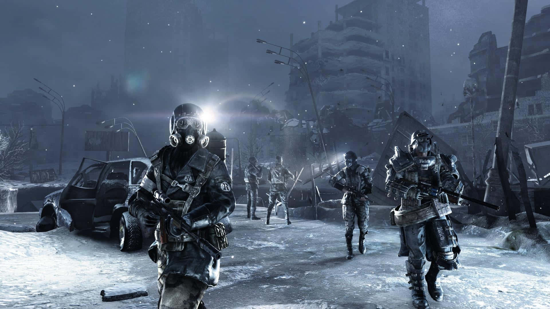 Escape From Tarkov, night raid, snow-covered ruined city street, Full HD Desktop Wallpaper