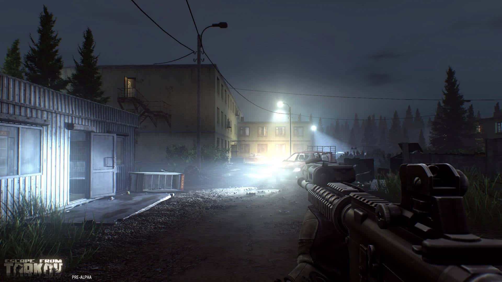Escape From Tarkov, nighttime combat scene, foggy night street, Full HD Desktop Wallpaper