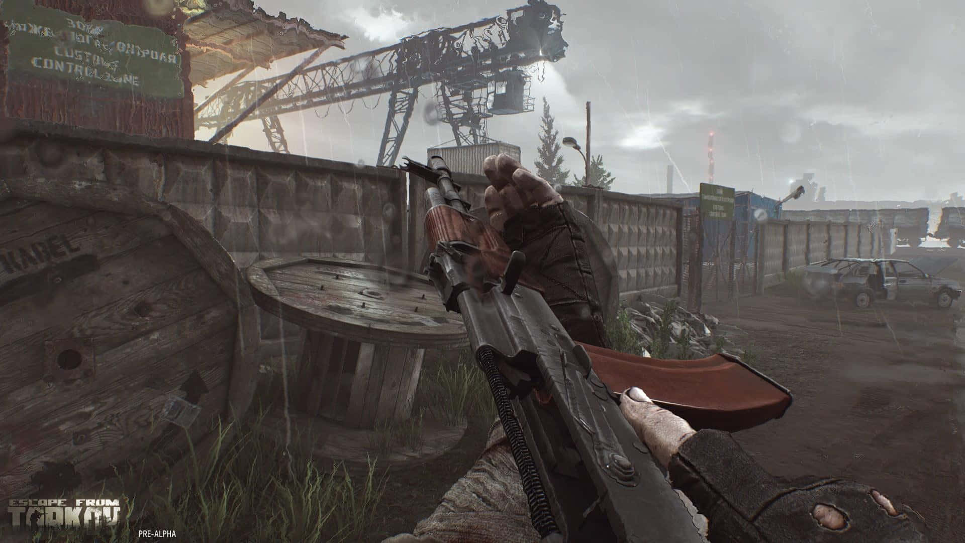 Escape From Tarkov, rifle, rainy industrial zone, Full HD Desktop Wallpaper