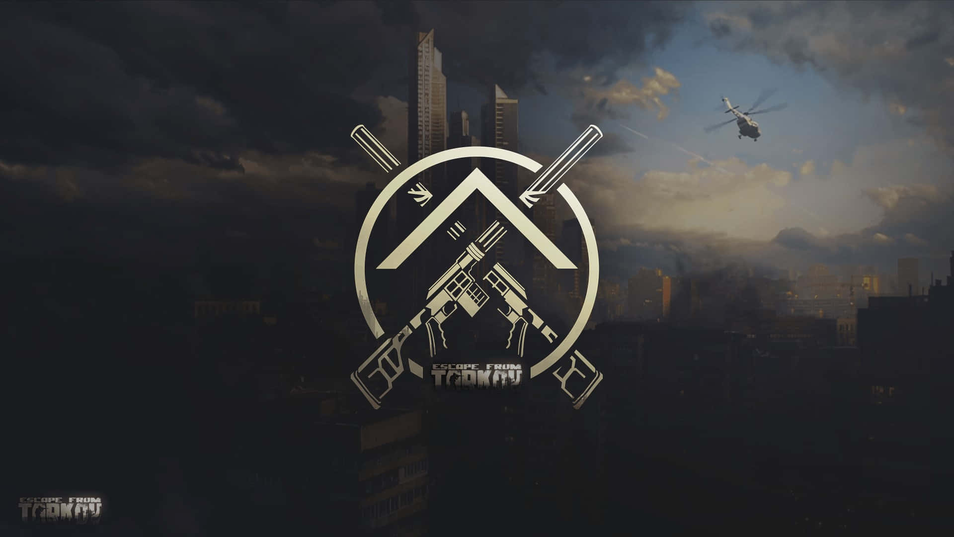 Escape From Tarkov, crossed rifles and swords, dark cityscape, Full HD Desktop Wallpaper