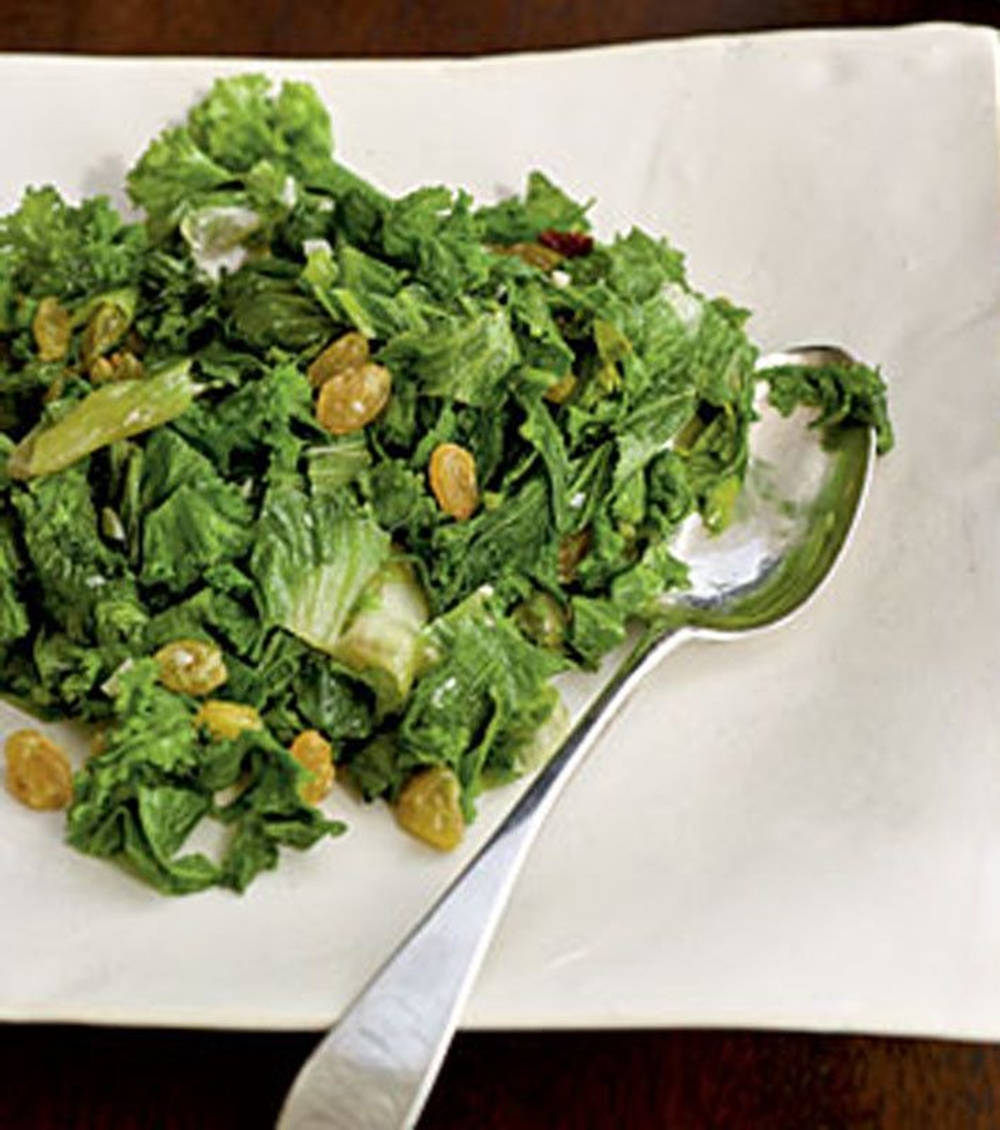 Italian Style Escarole Vegetable Salad, golden raisins, silver spoon, SD Phone Wallpaper