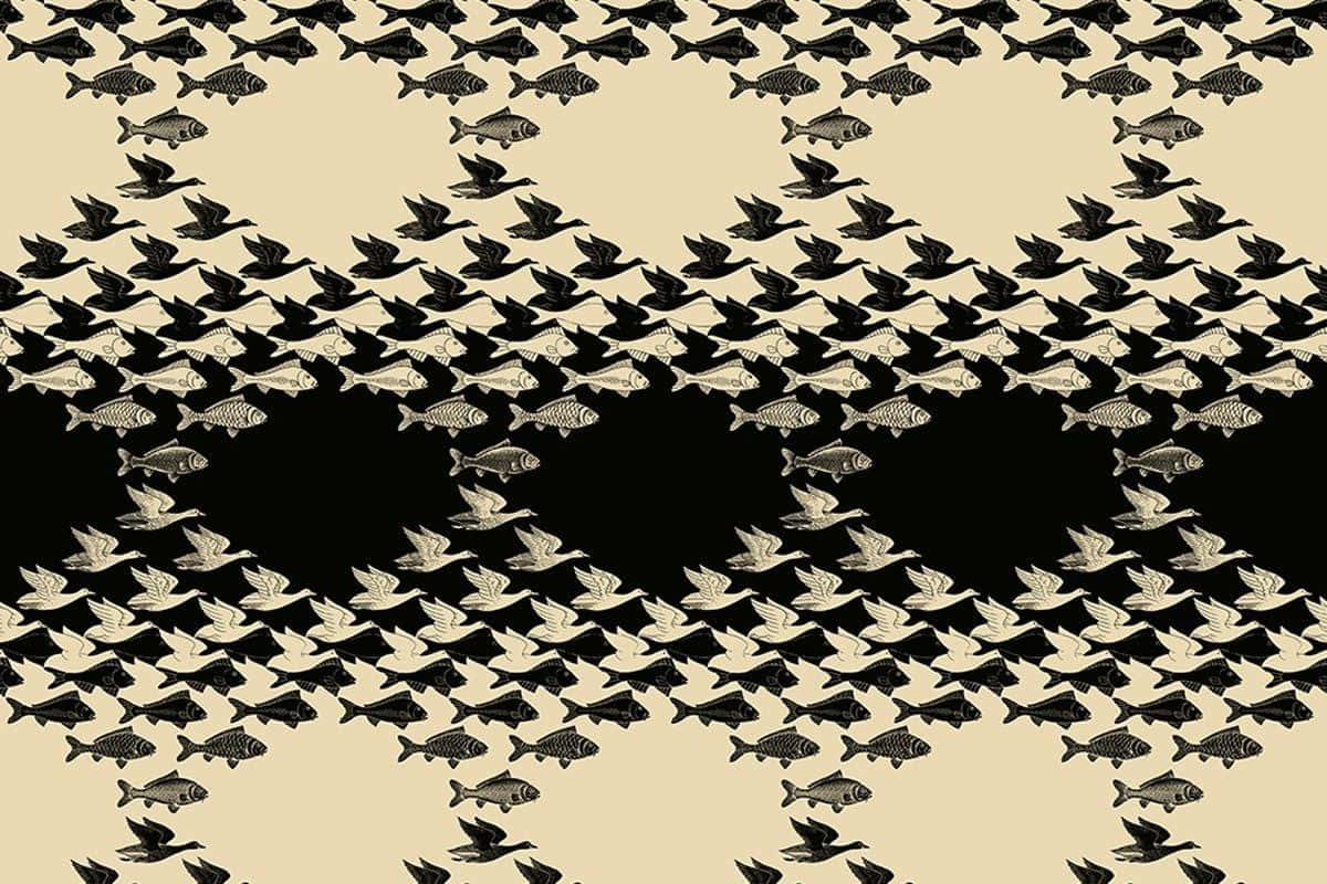 M.C. Escher, black and cream fish and bird silhouettes, rhythmic repeating pattern, SD Desktop Wallpaper