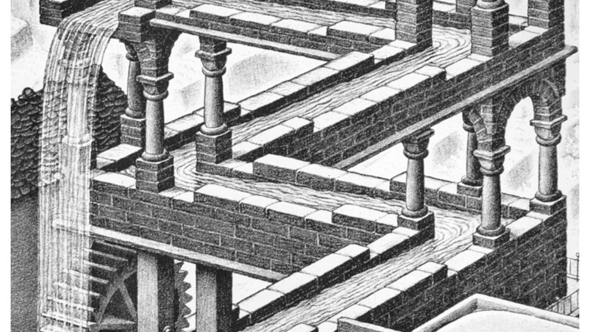 Escher, staircase, waterfall, Full HD Desktop Wallpaper