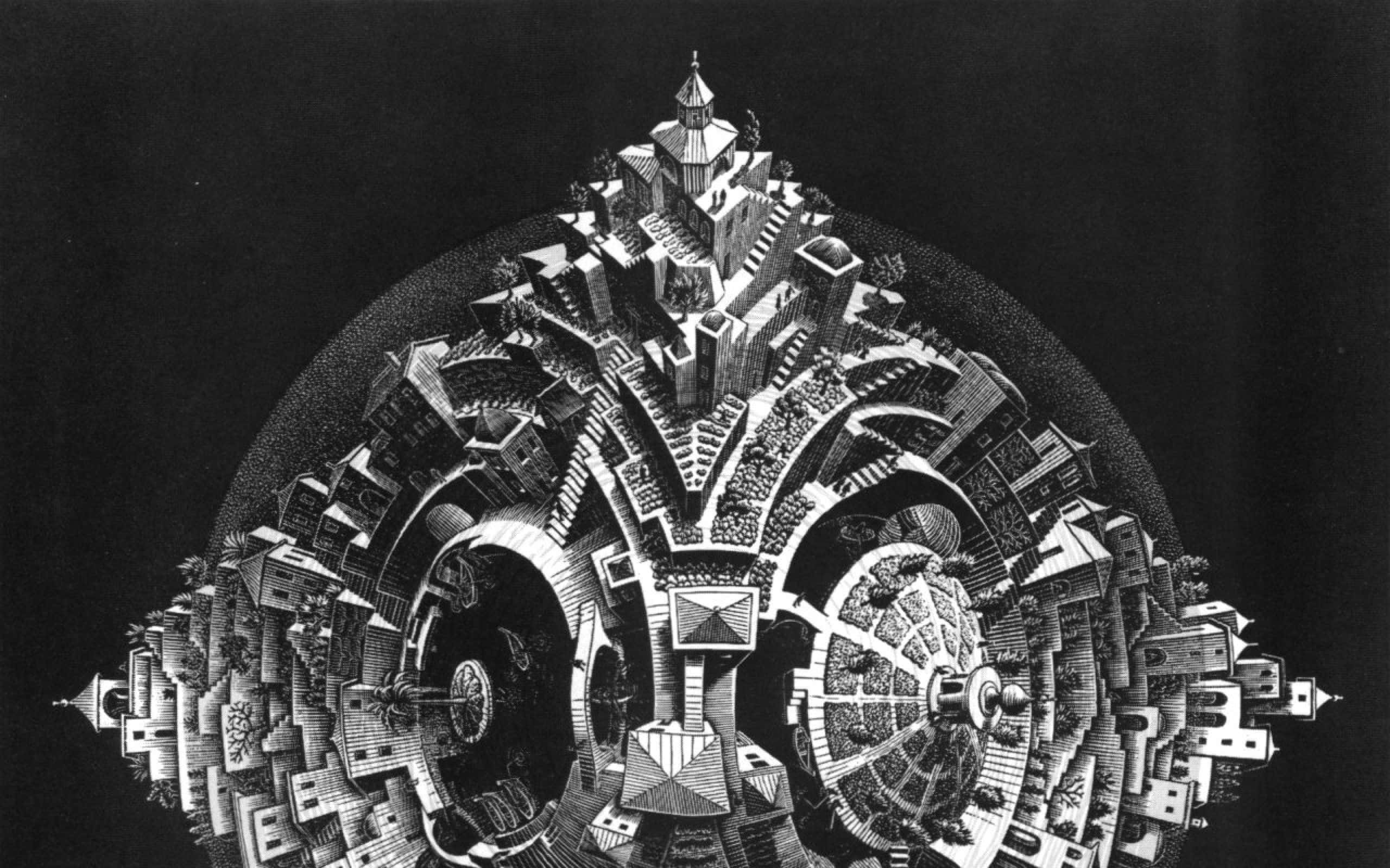 Escher, black and white, floating cityscape, 2K Desktop Wallpaper