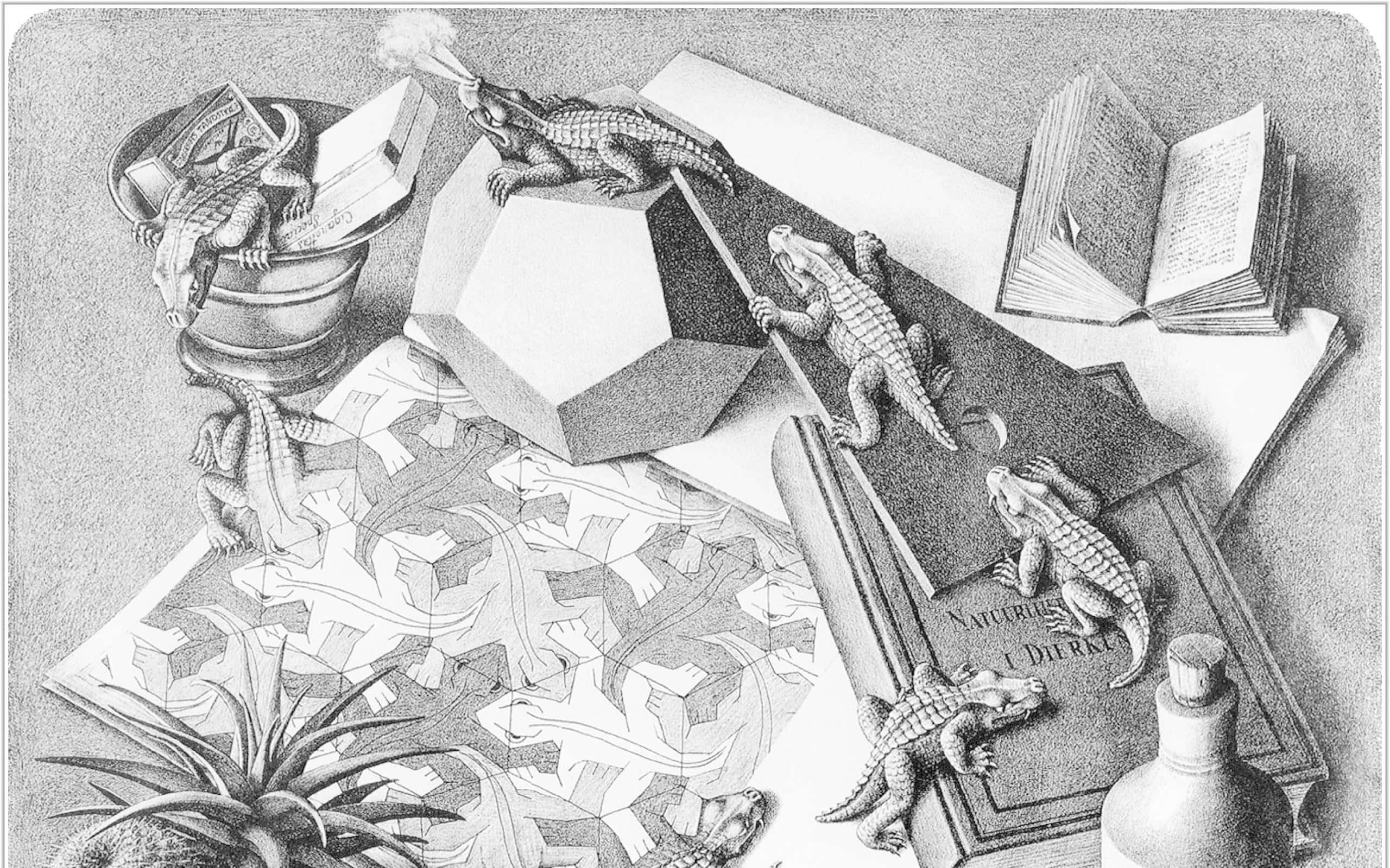 Escher, crocodile, book, 2K Desktop Wallpaper