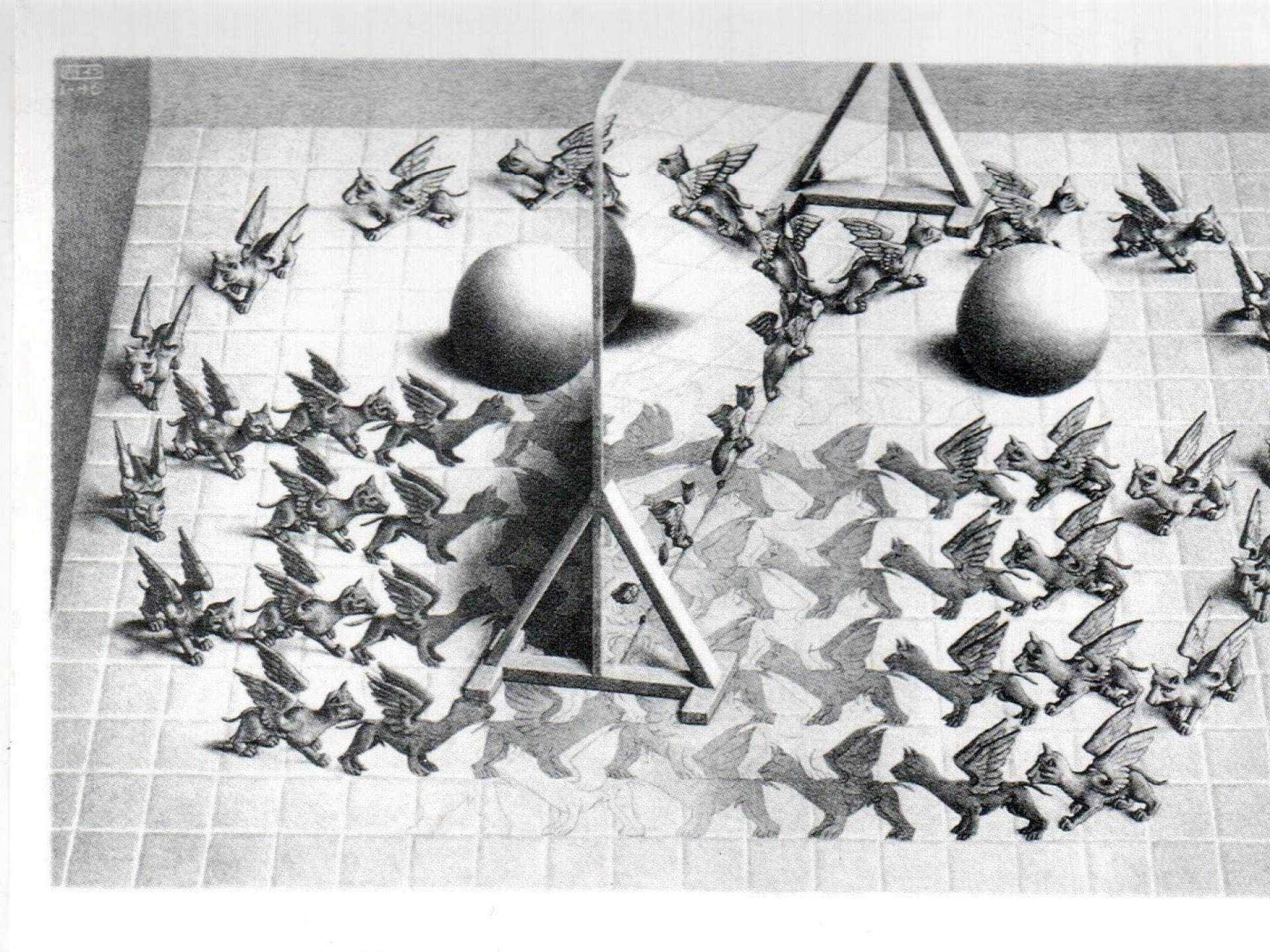Escher, black and white drawing, winged creatures, Full HD Desktop Wallpaper