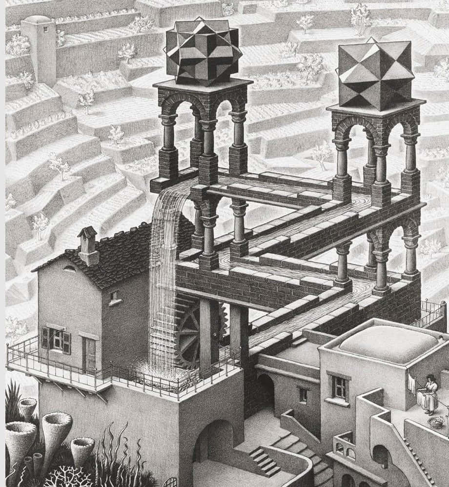 Escher, surreal, black and white illustration, SD Phone Wallpaper