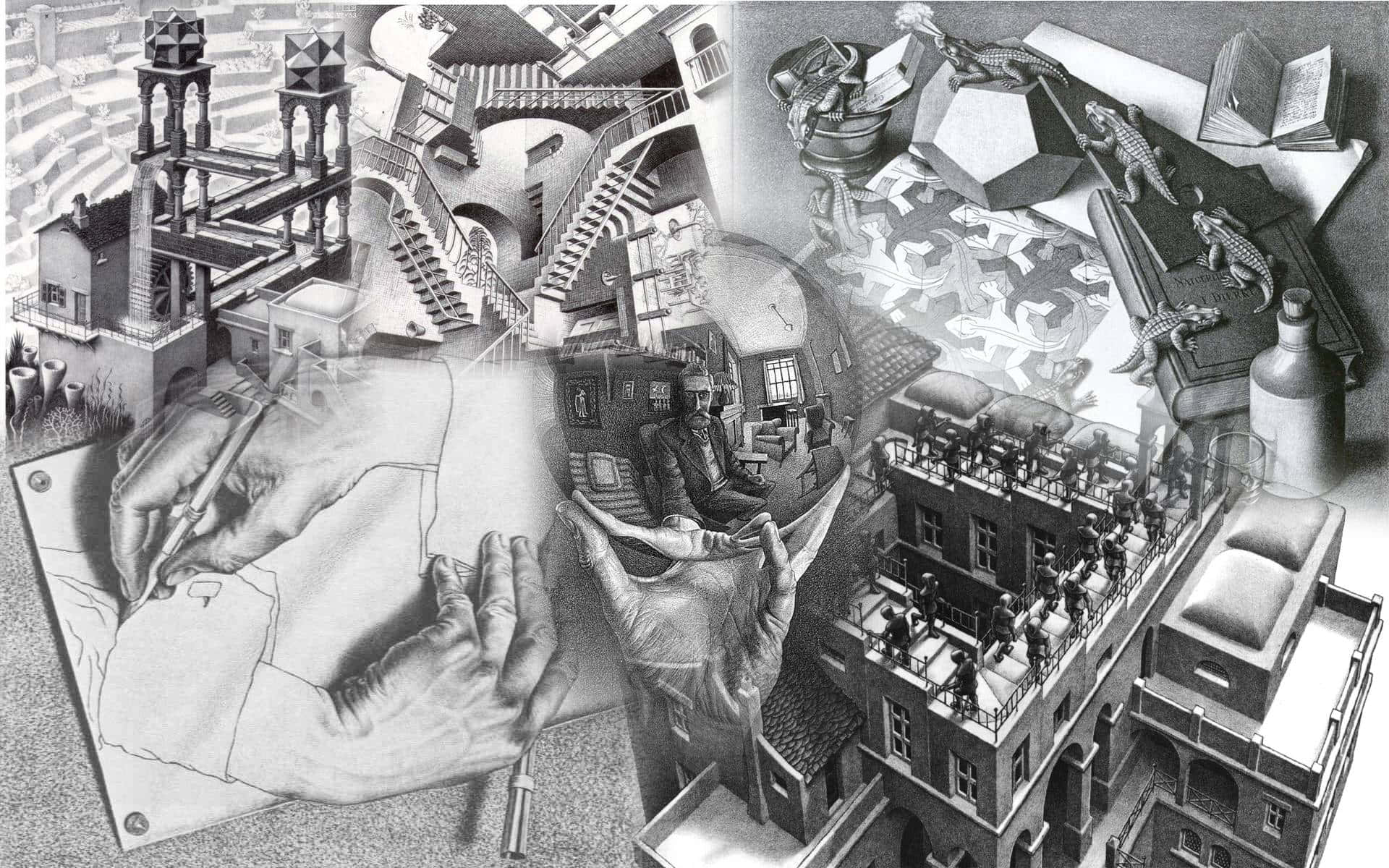 Escher, black and white, giant hand, Full HD Desktop Wallpaper