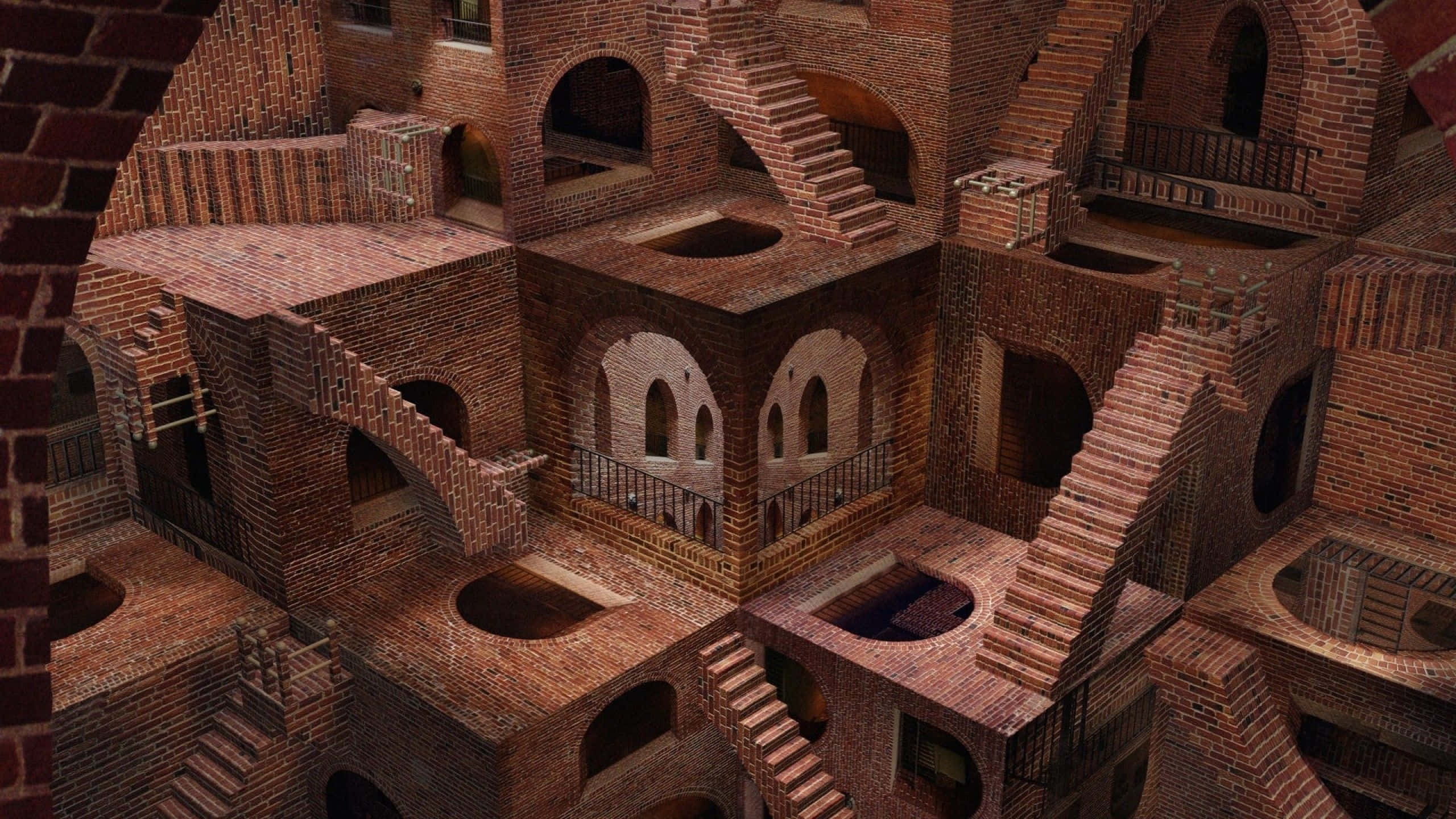 Escher, brick building, impossible staircases, 2K Desktop Wallpaper