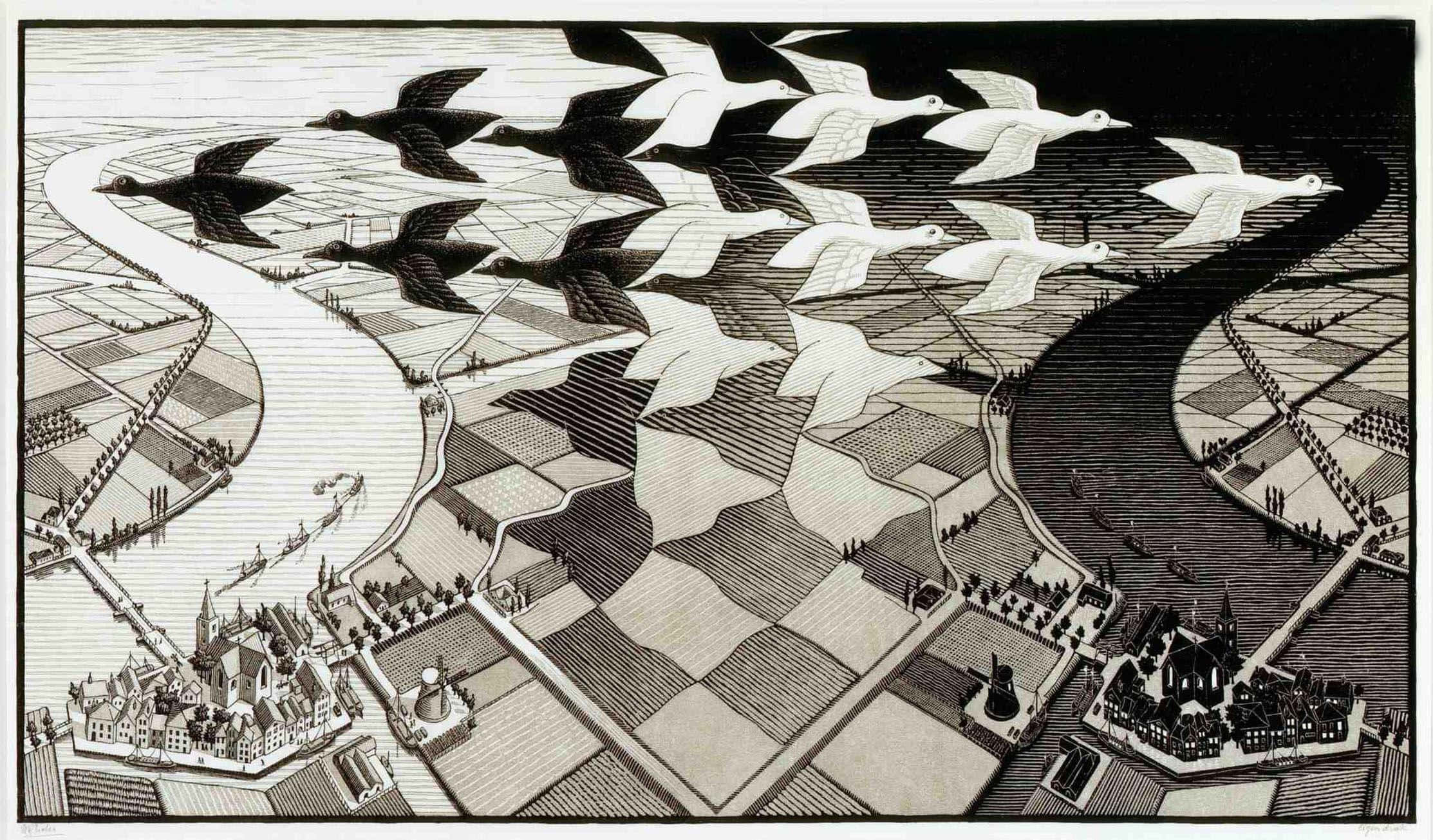 Escher, flock of geese, city, Full HD Desktop Wallpaper