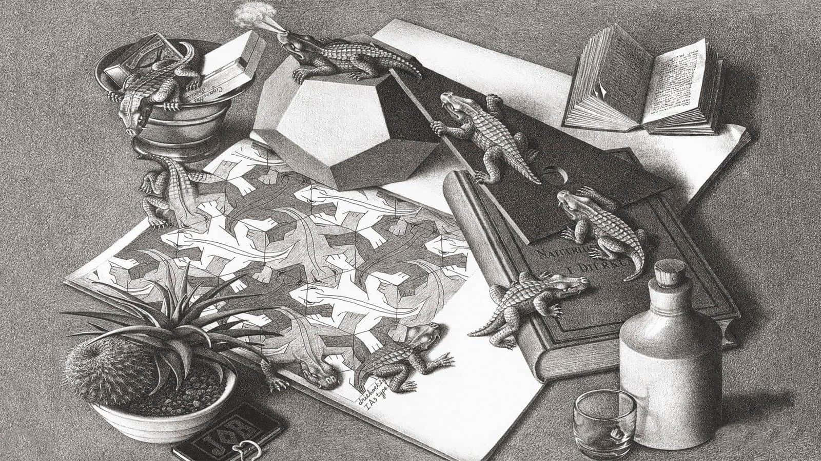 Escher, crocodiles, books, HD Desktop Wallpaper