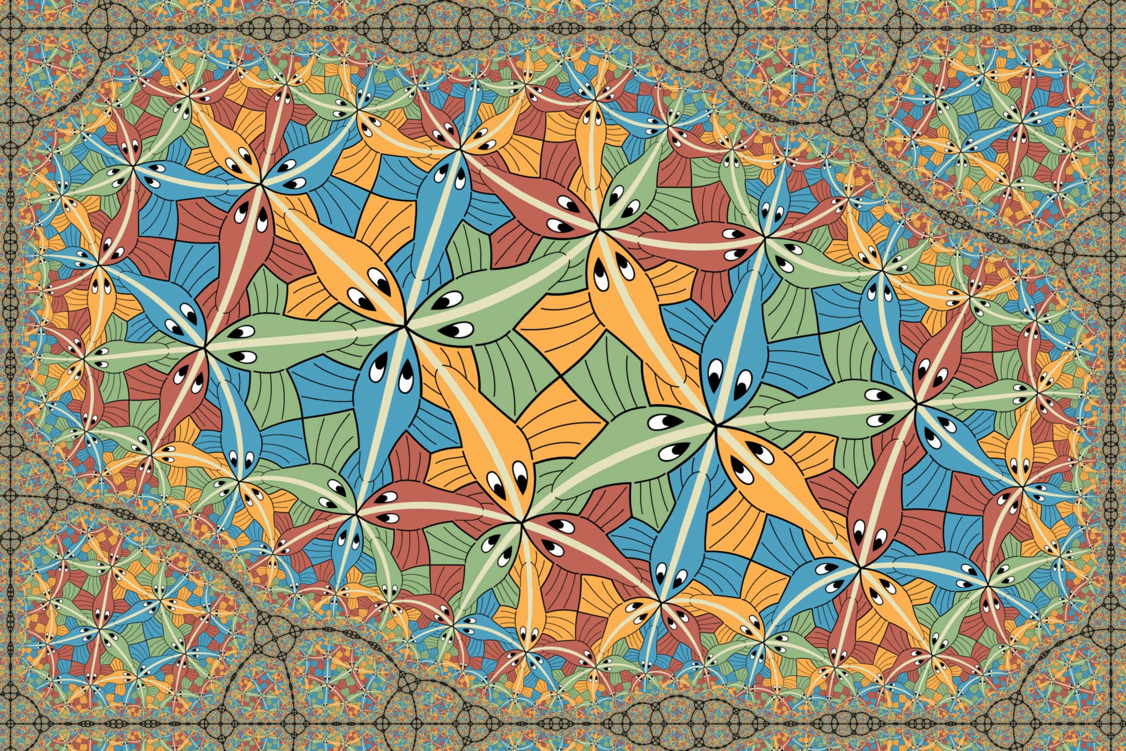 Escher, fractal pattern, repeating stylized starfish-like creatures, Full HD Desktop Wallpaper