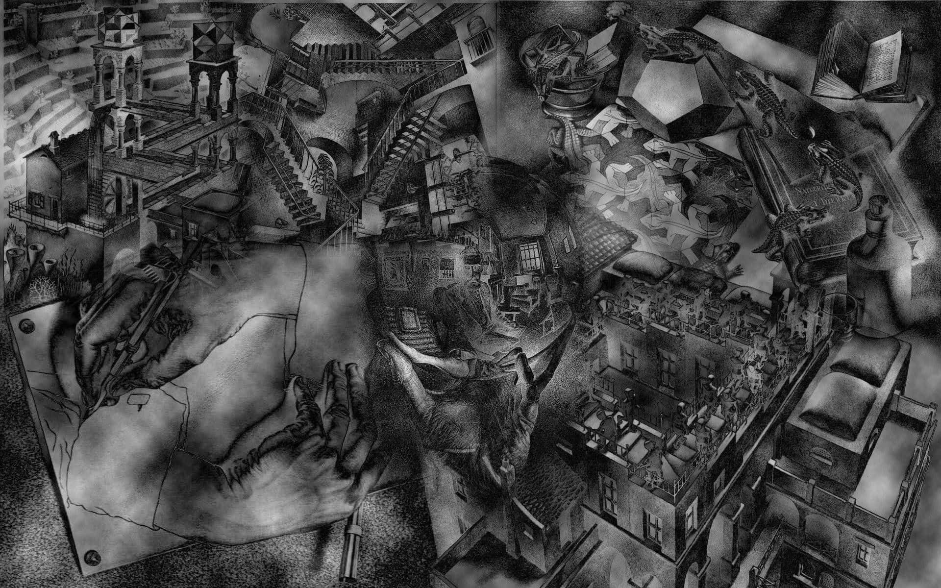 Escher, black and white, fragmented buildings, Full HD Desktop Wallpaper