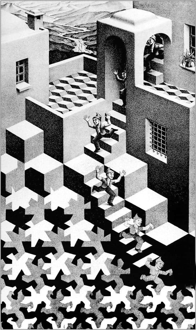 Escher, black and white, surreal illustration, SD Phone Wallpaper
