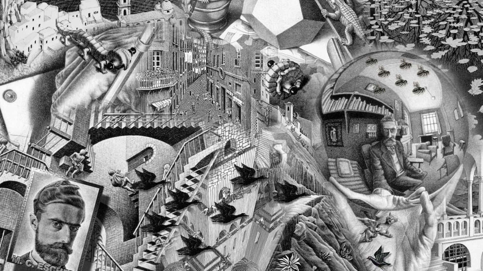 black and white, melting clocks, staircases, Full HD Desktop Wallpaper