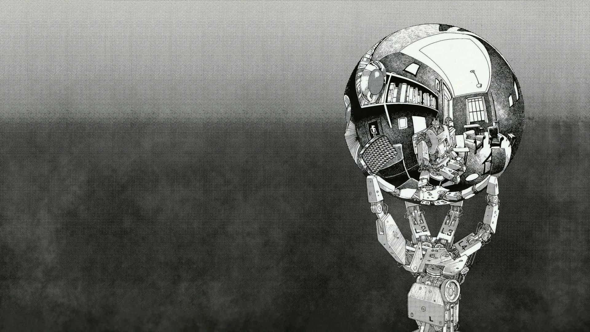 Escher, monochrome robot, reflective sphere, Full HD Desktop Wallpaper