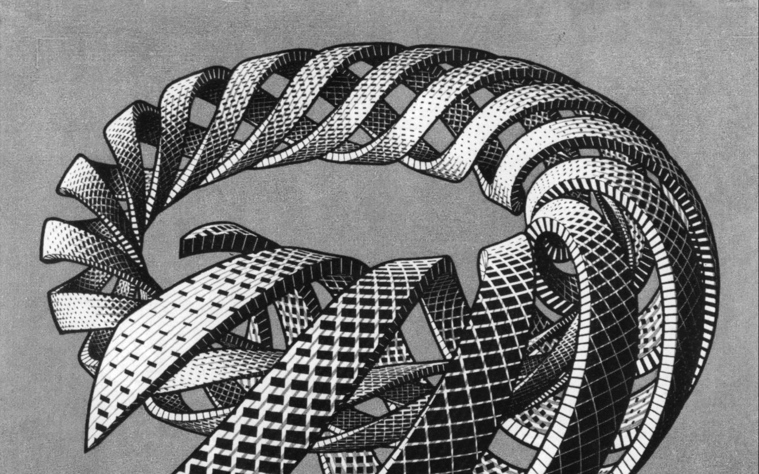 Escher, spiral, interwoven ribbons, 2K Desktop Wallpaper