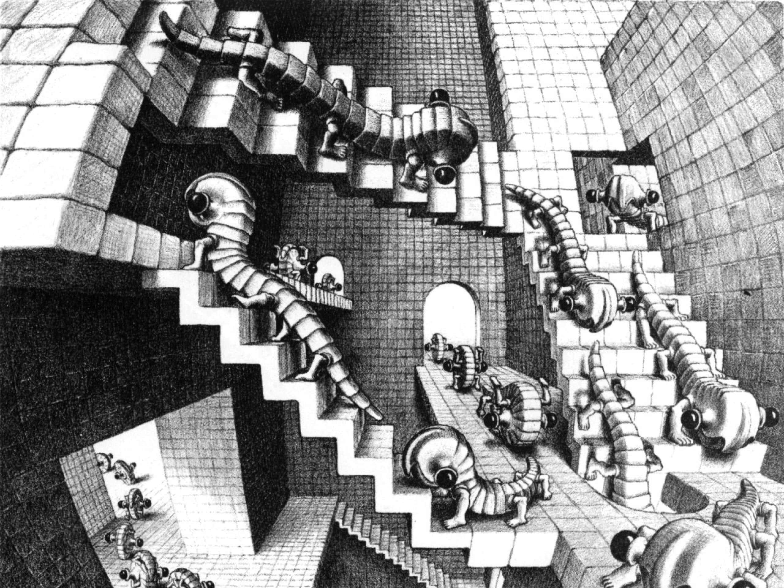 Escher, mechanical centipedes, endless tiled staircases, 2K Desktop Wallpaper