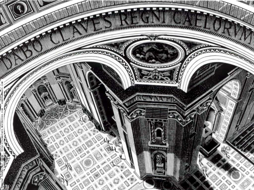 Escher, cathedral, black and white, SD Desktop Wallpaper