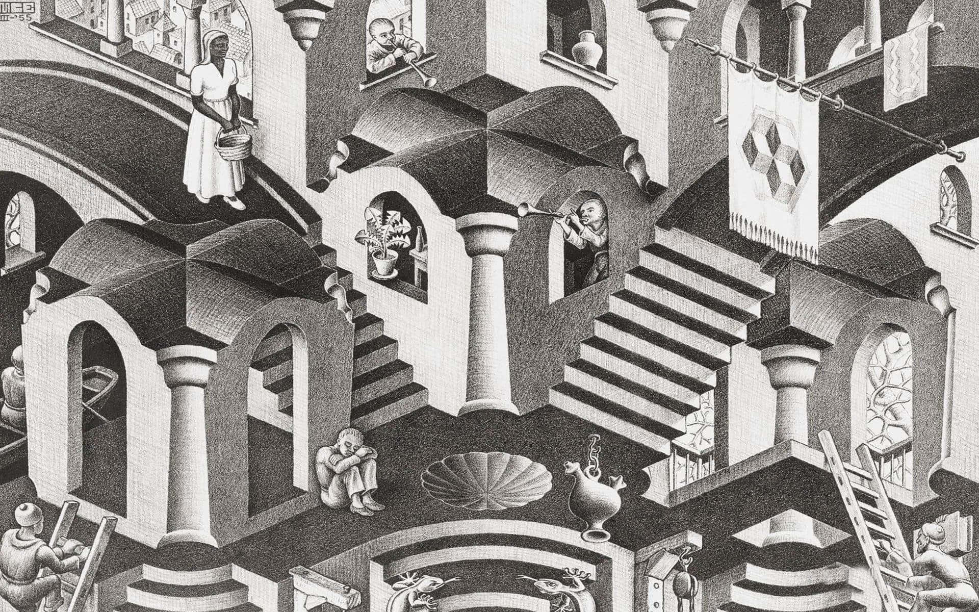 Escher, staircase, people, Full HD Desktop Wallpaper