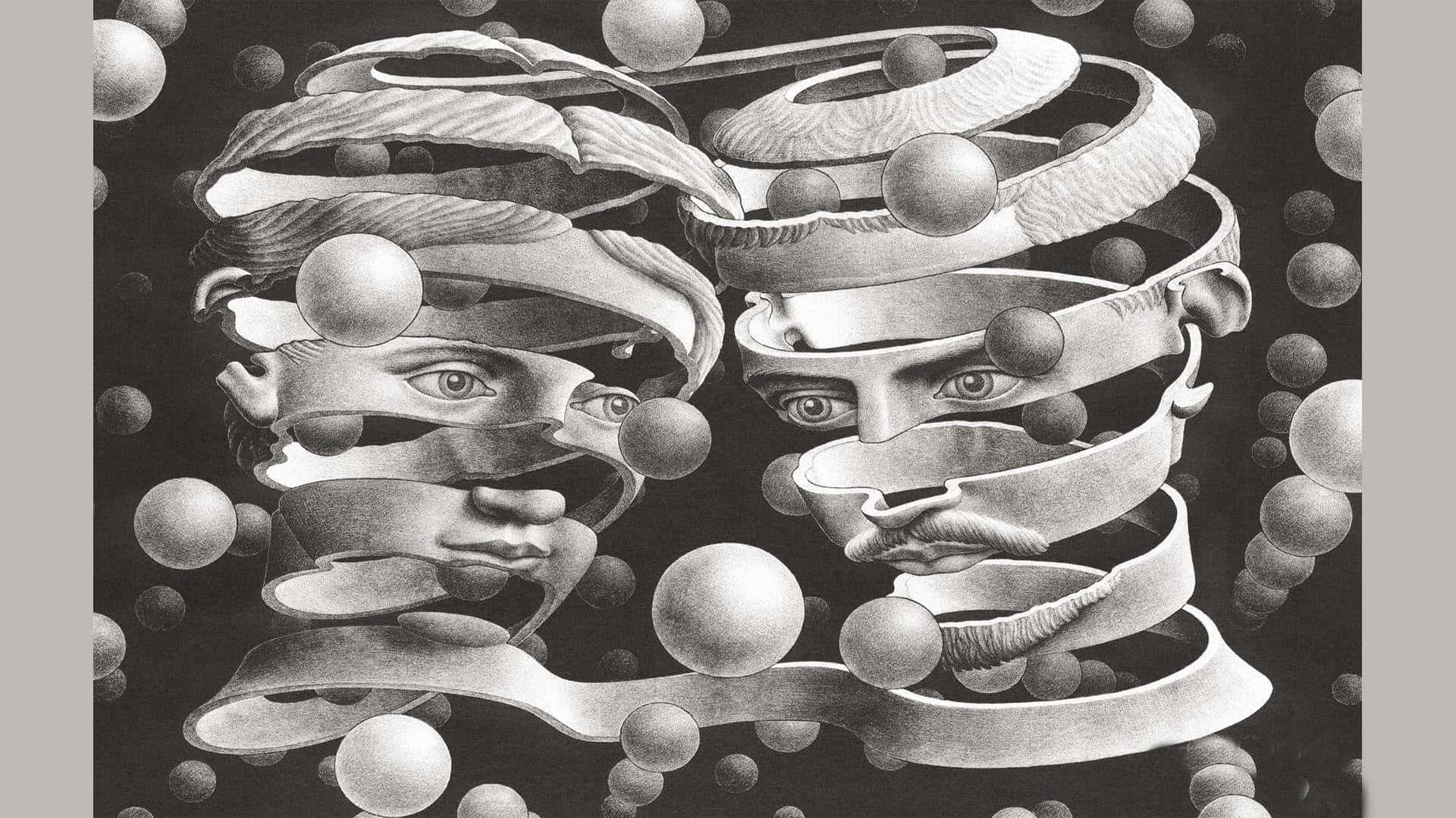 M.C. Escher, isometric self-portrait, fragmented human heads, Full HD Desktop Wallpaper