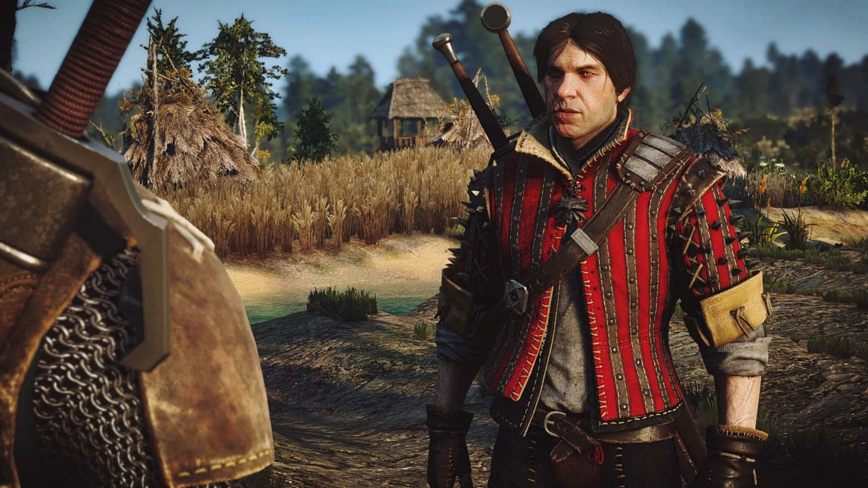 Eskel, red striped armor, sunlit field, HD Desktop Wallpaper