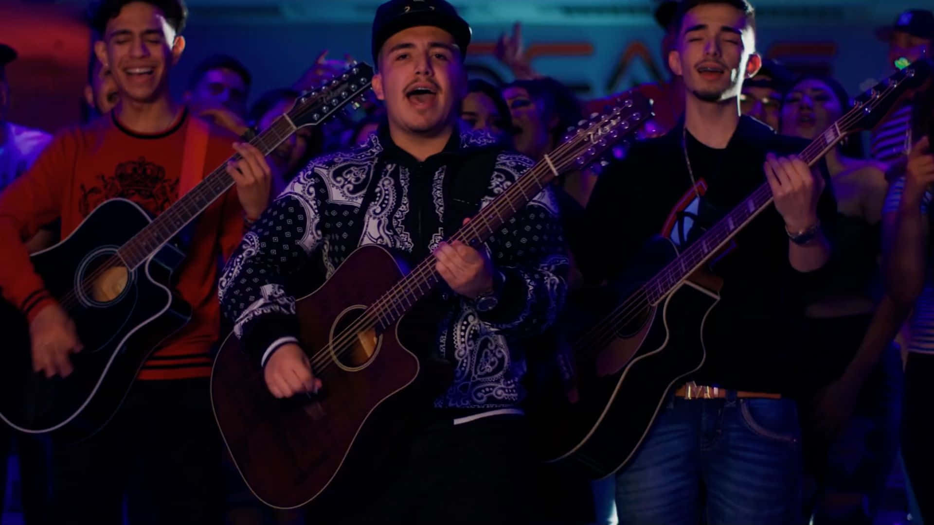 Eslabon Armado, acoustic guitars, vibrant purple and blue stage lights, Full HD Desktop Wallpaper