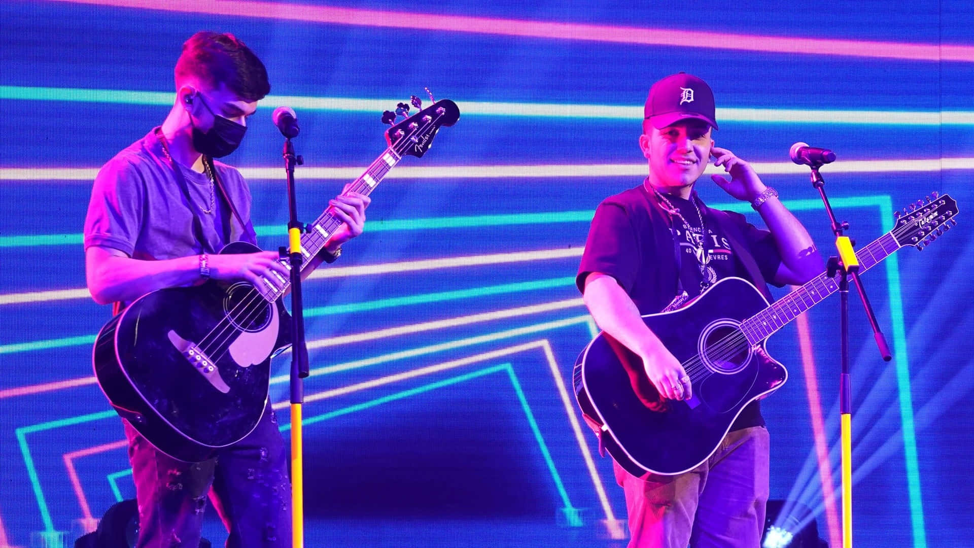 Eslabon Armado, acoustic guitars, neon-lit stage, Full HD Desktop Wallpaper