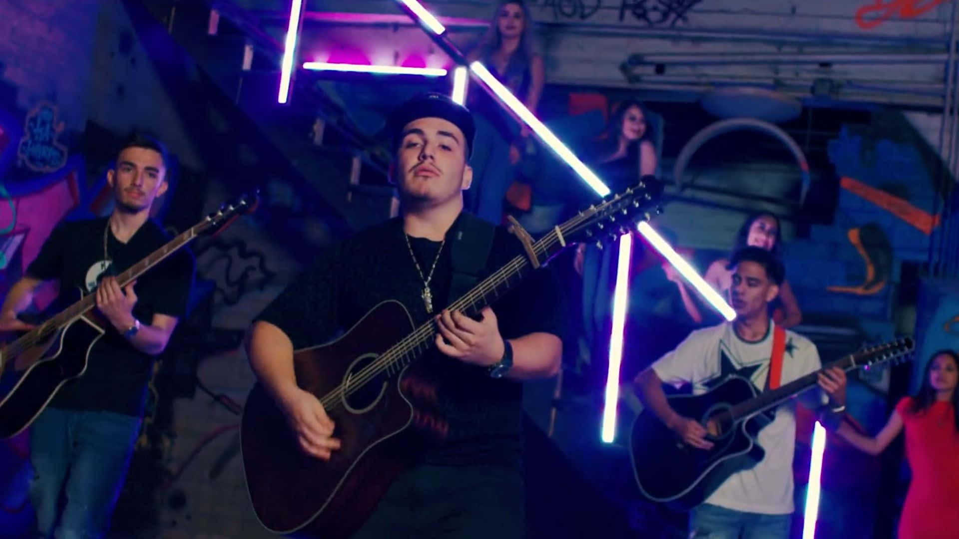 Eslabon Armado, acoustic guitars, glowing neon lights, Full HD Desktop Wallpaper