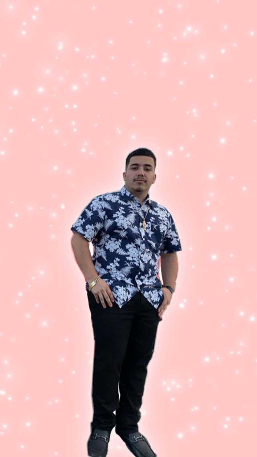Eslabon Armado, blue floral shirt, sparkling pink background, HD Phone Wallpaper