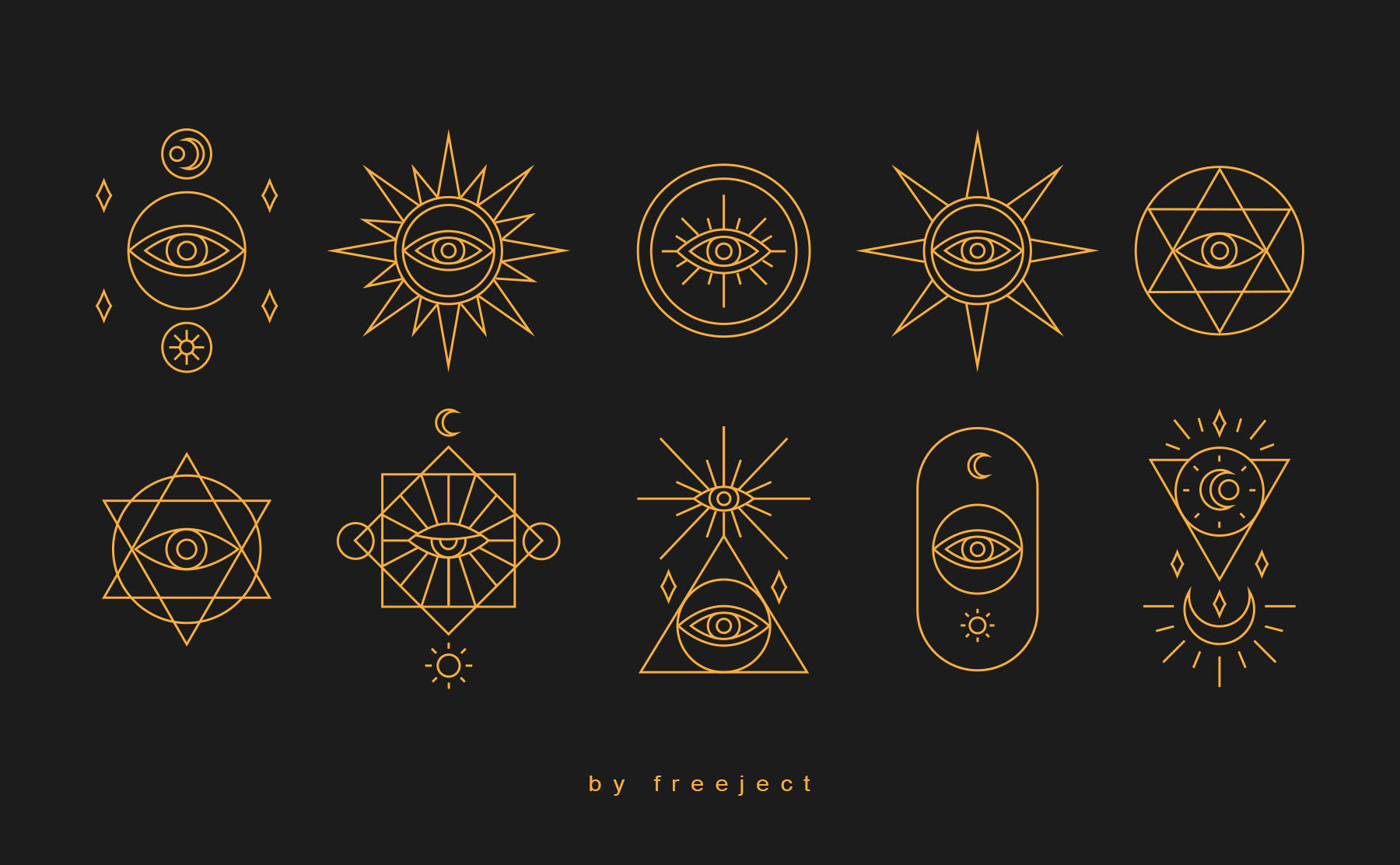 golden geometric eye symbols, sun moon and star motifs, black background, HD Desktop Wallpaper