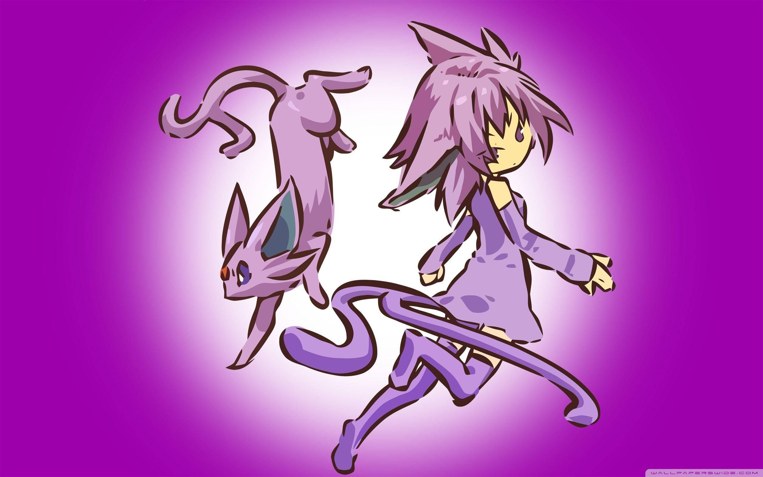 Espeon, purple-haired anime girl, cat-like Pokémon, 2K Desktop Wallpaper