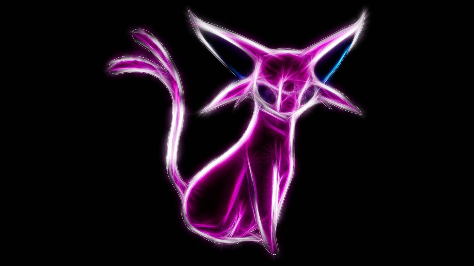 Neon Pink Espeon, glowing neon purple fox silhouette, electric blue accents, Full HD Desktop Wallpaper