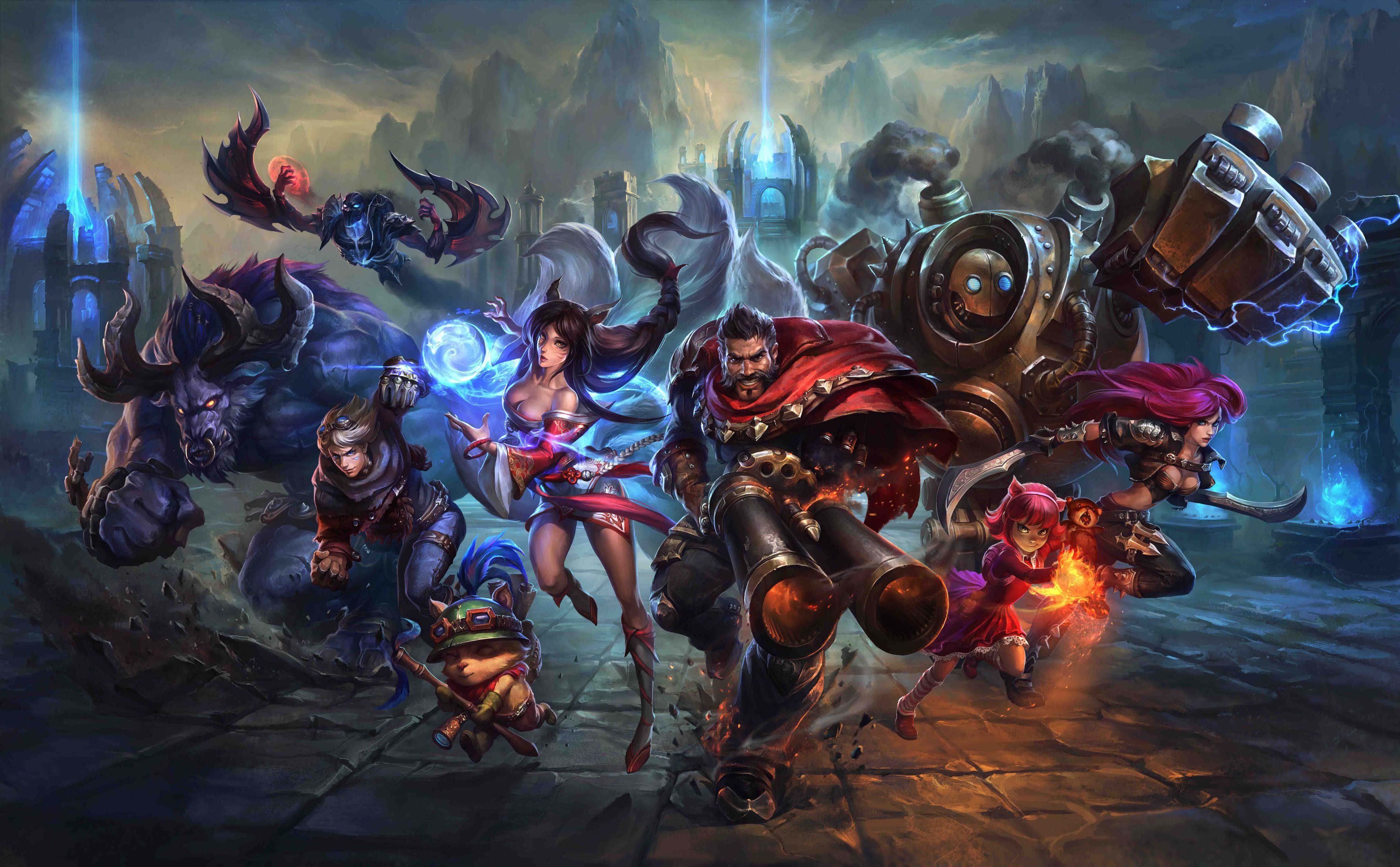 Esports, fantasy battle scene, diverse heroes, 4K Desktop Wallpaper