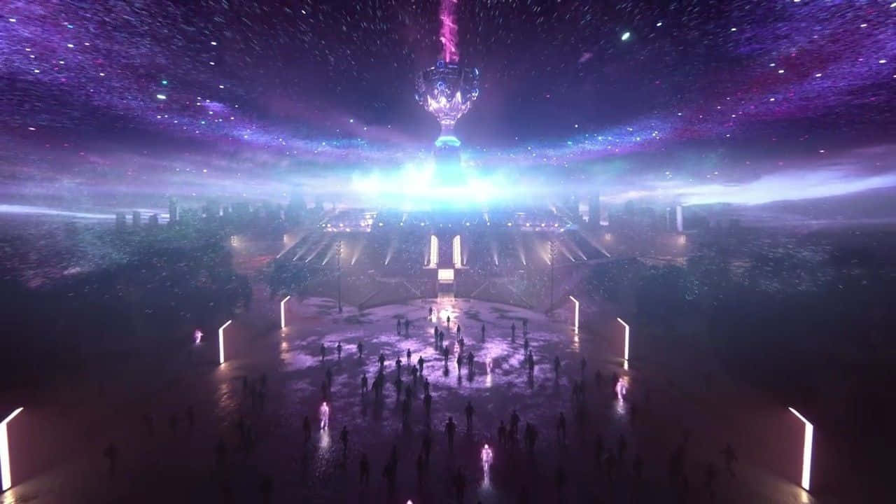 futuristic city plaza, starry purple sky, glowing pillars, HD Desktop Wallpaper