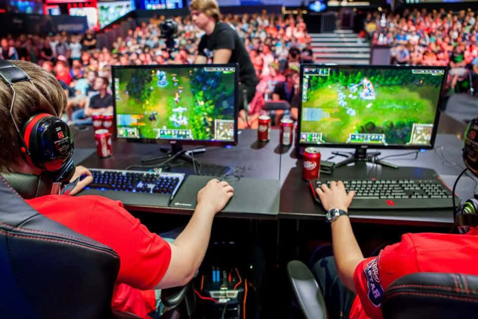 esports, red jerseys, gaming stations, SD Desktop Wallpaper