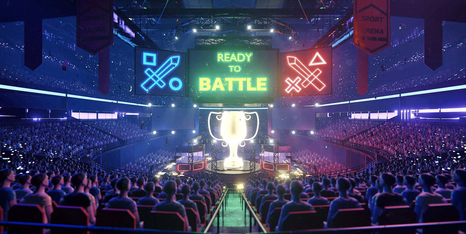 esports arena, glowing spectators, central stage, HD Desktop Wallpaper