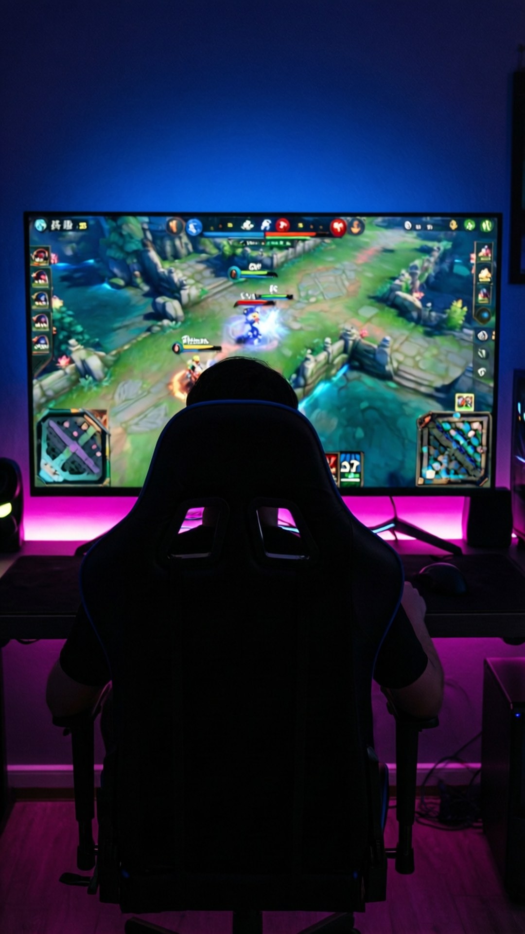 gamer silhouette, black chair, glowing monitor, Full HD Phone Wallpaper