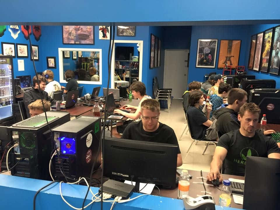 Esports, vibrant blue gaming lounge, posters, SD Desktop Wallpaper