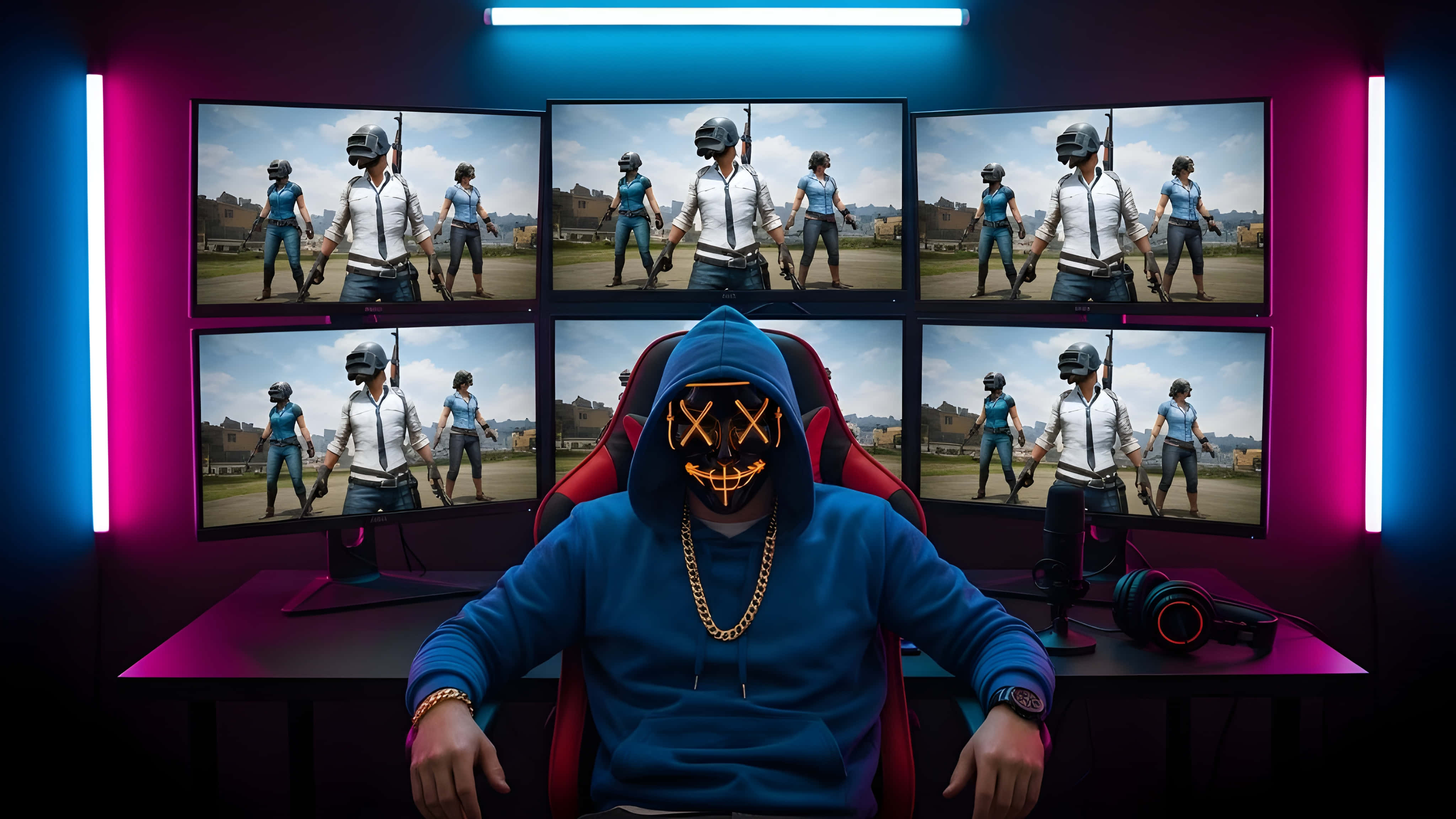 masked gamer, blue hoodie, red chair, 4K Desktop Wallpaper