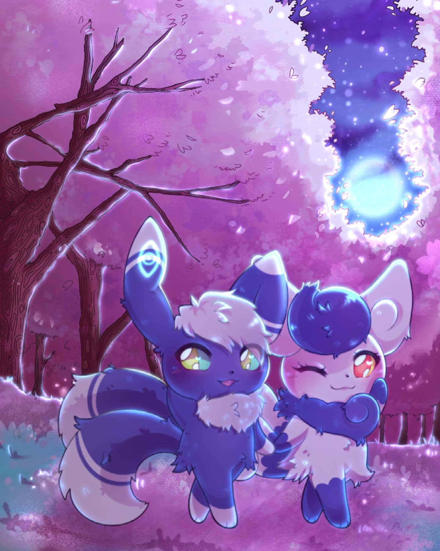 Espurr, blue and white fox-like creatures, glowing purple cherry blossom tree, HD Phone Wallpaper