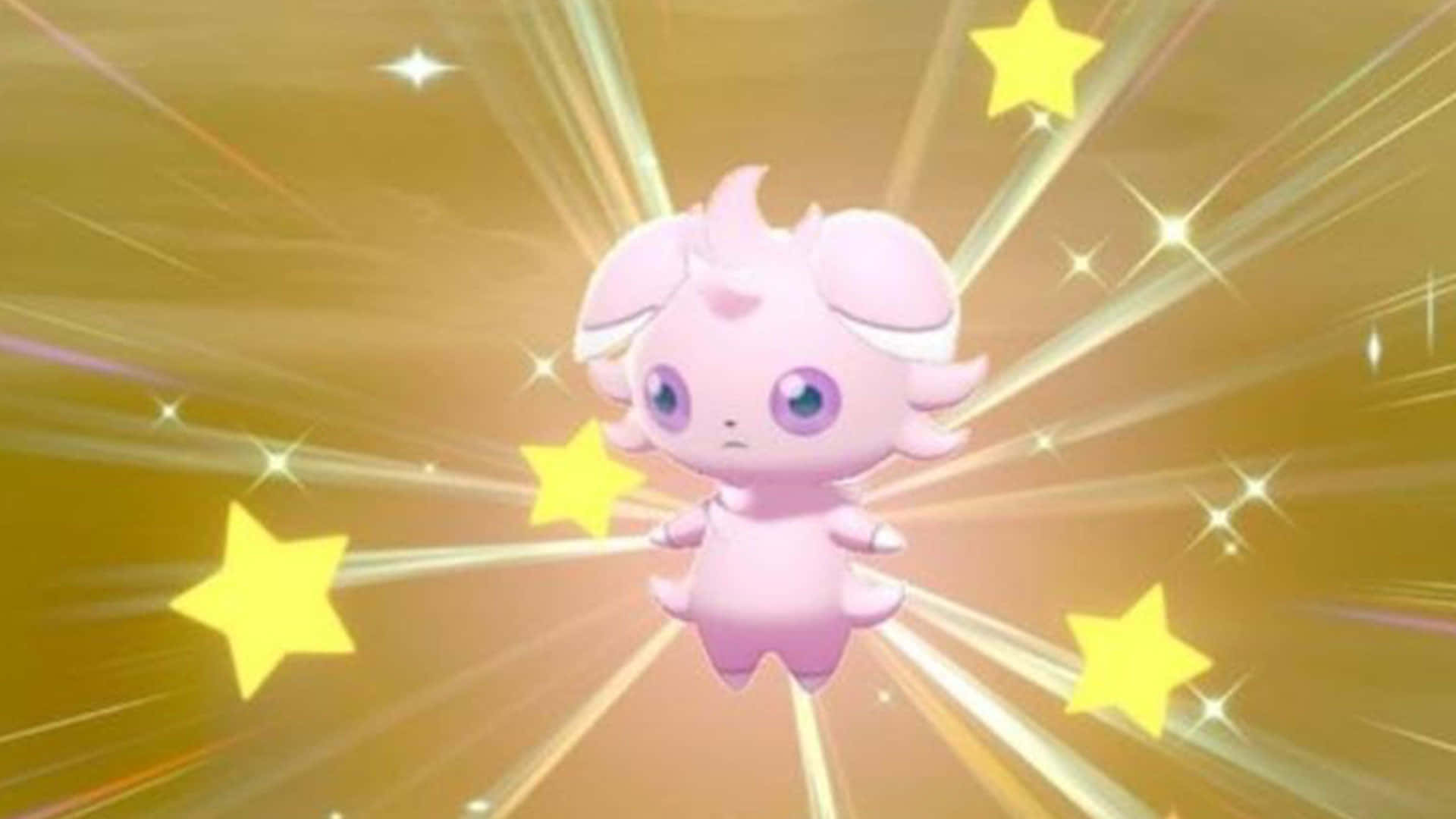 Shiny Pink Espurr, pink anime creature, glowing yellow stars, Full HD Desktop Wallpaper