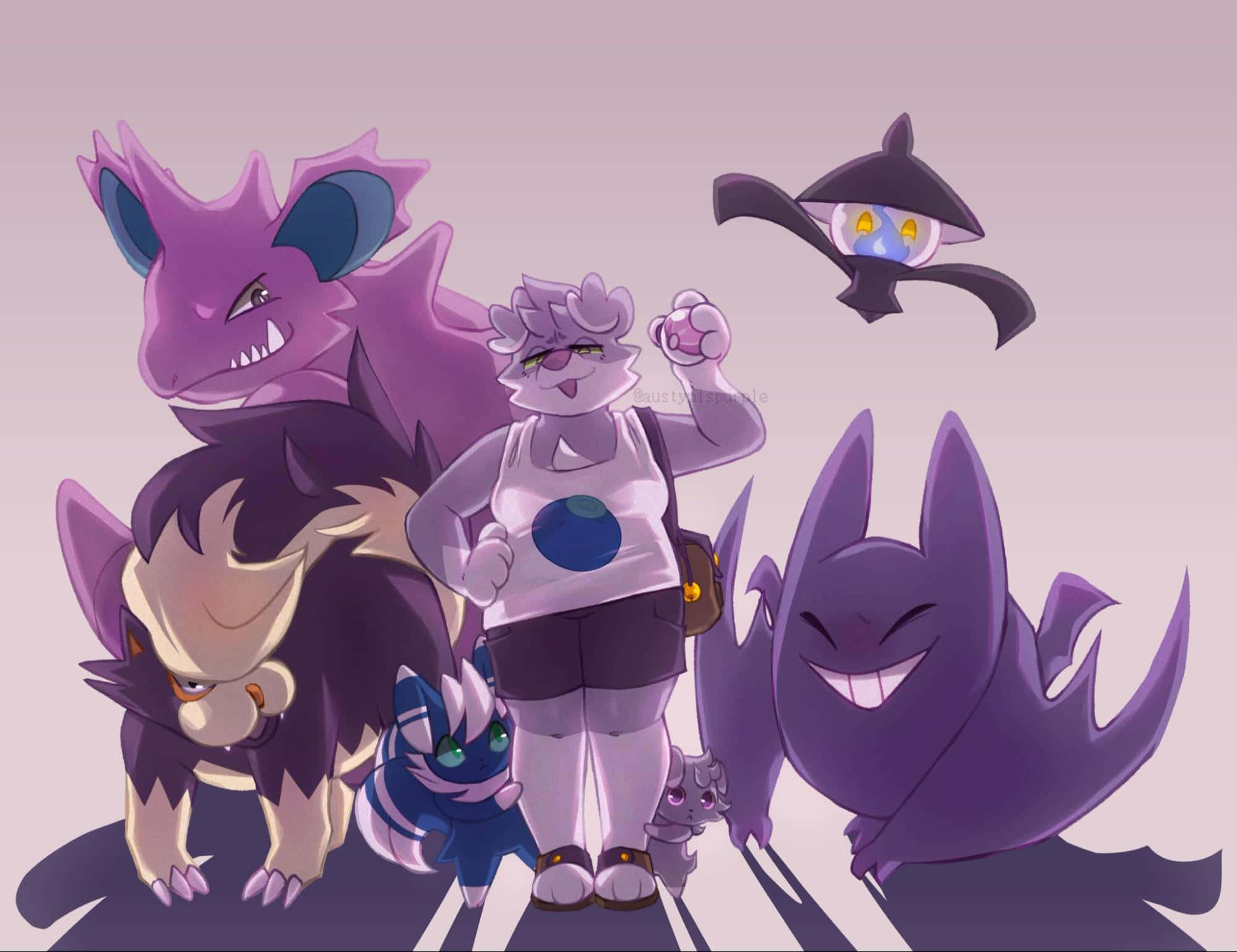 Espurr, anime-style, five purple Pokémon, Full HD Desktop Wallpaper