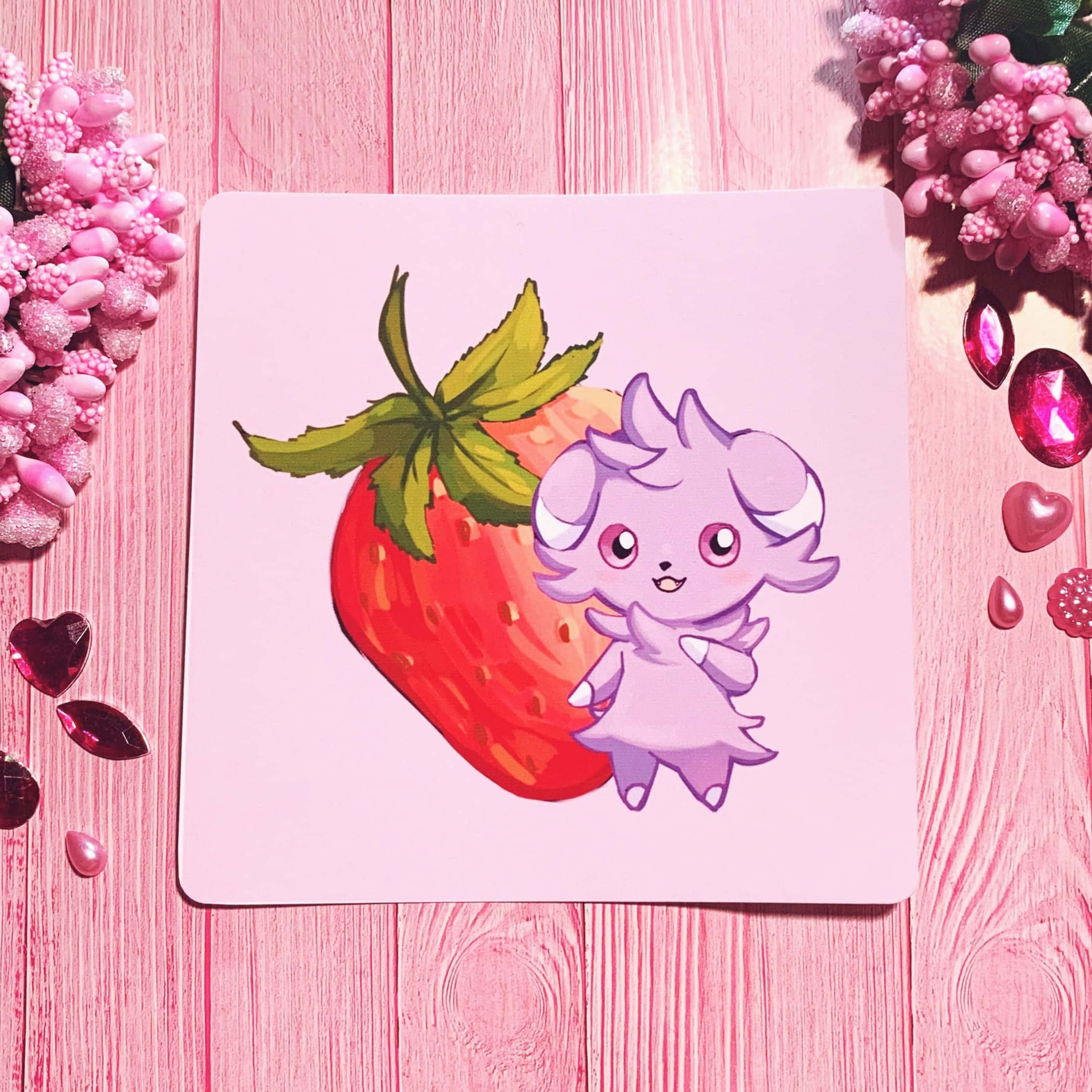 Espurr, strawberry, pink card, Full HD Desktop Wallpaper