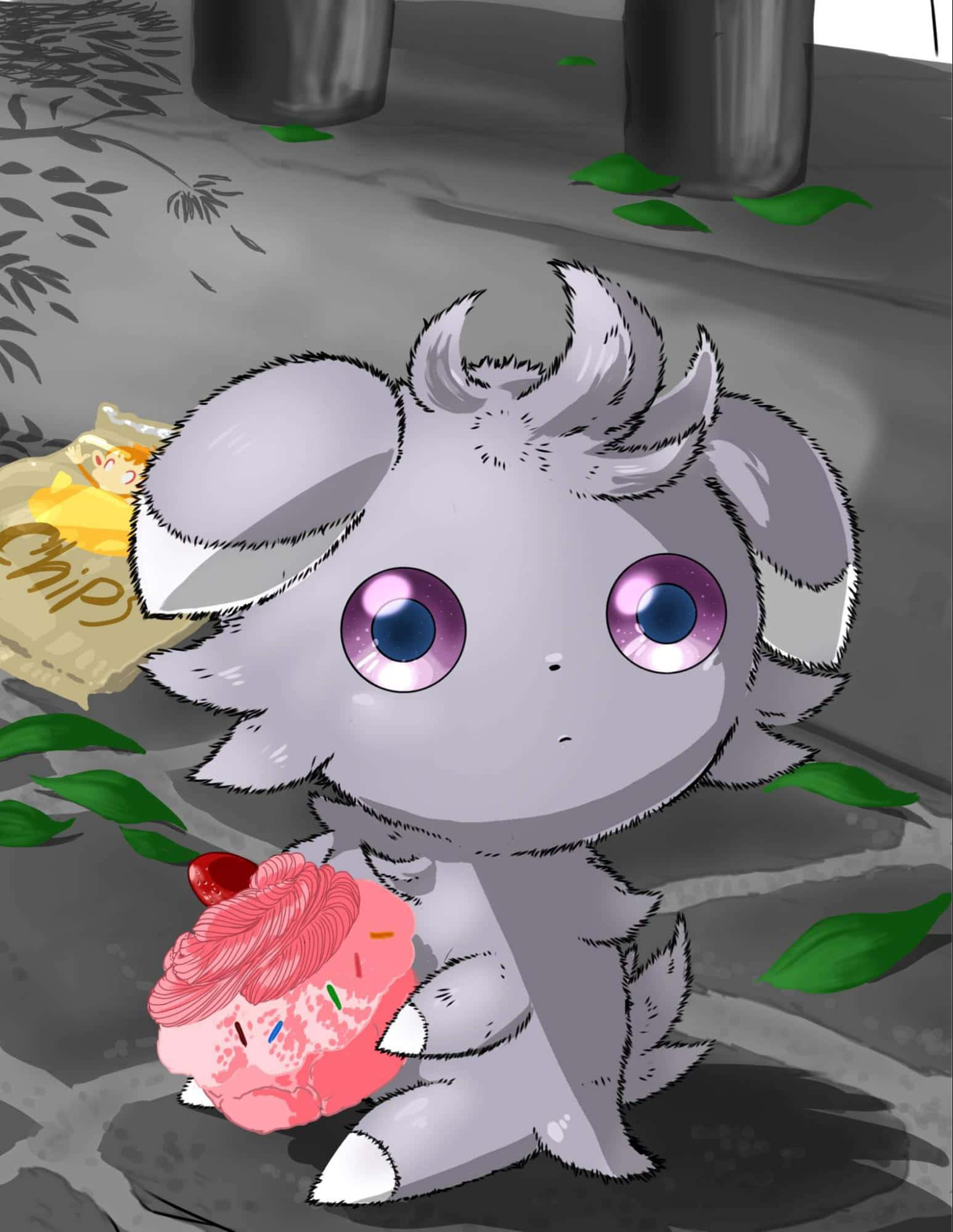 Espurr, pink cupcake, gray chibi creature, Full HD Phone Wallpaper