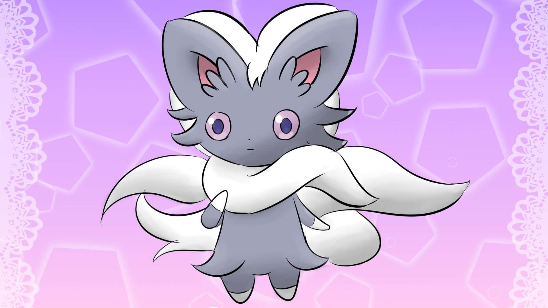 Espurr, gray and white anime-style fox-like creature, large purple eyes, Full HD Desktop Wallpaper