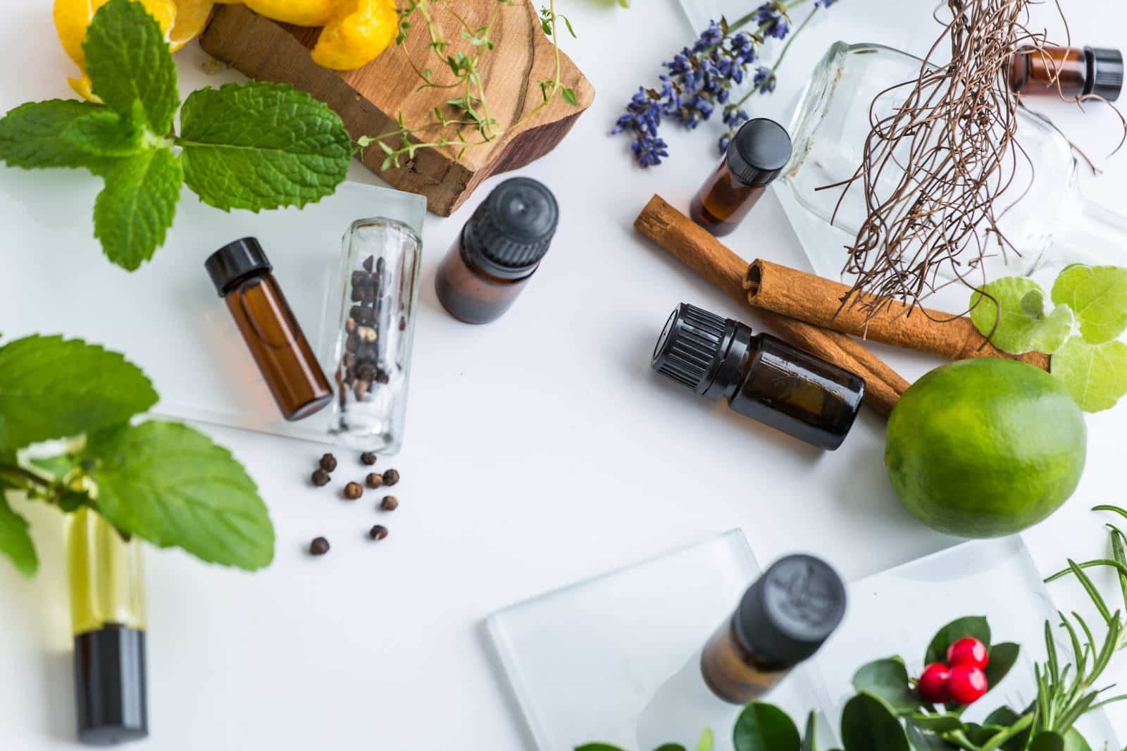 Essential Oil, essential oil bottles, fresh herbs, HD Desktop Wallpaper