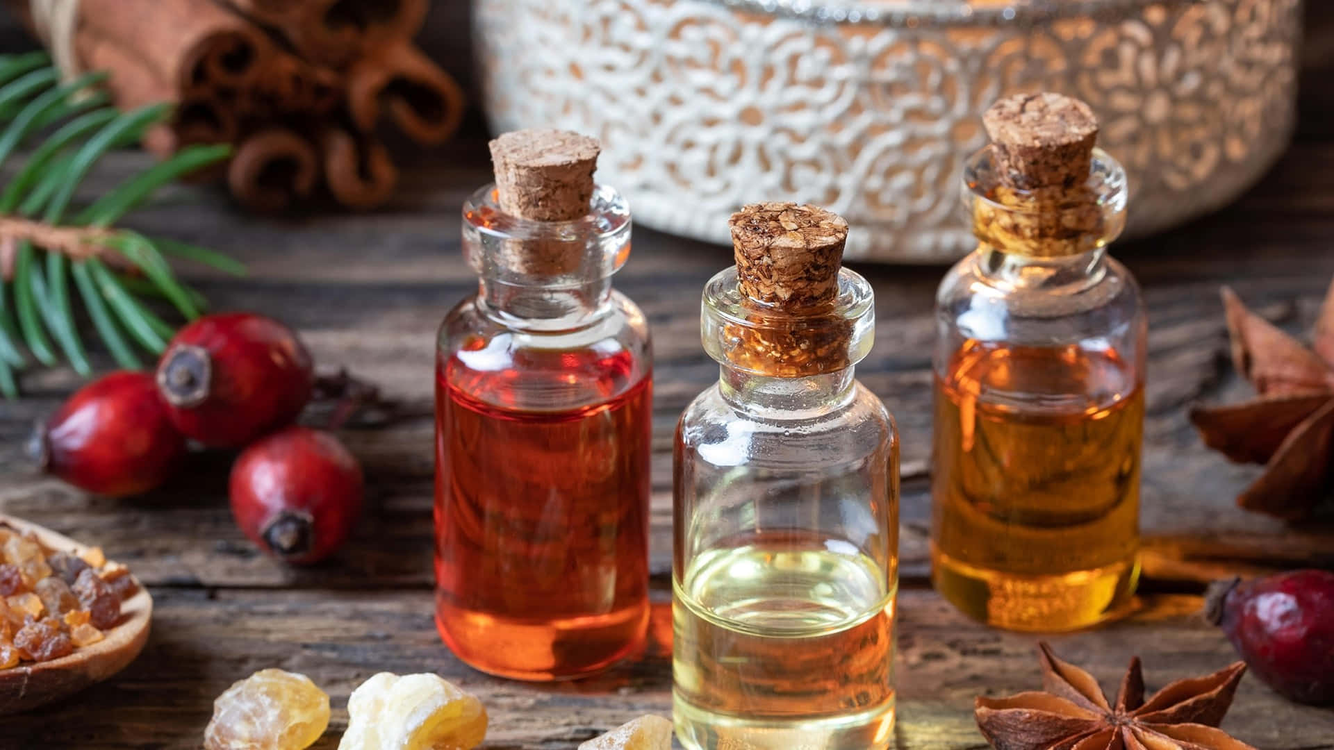 essential oil, amber and golden liquids, rustic wooden table, Full HD Desktop Wallpaper