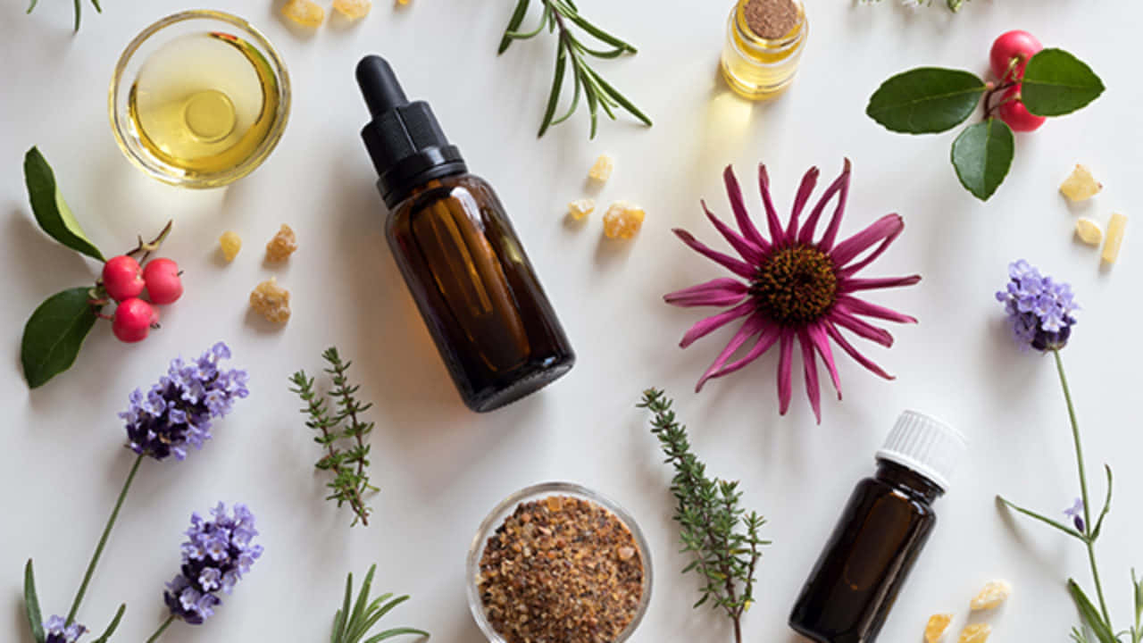 essential oil, bottles, herbs, HD Desktop Wallpaper