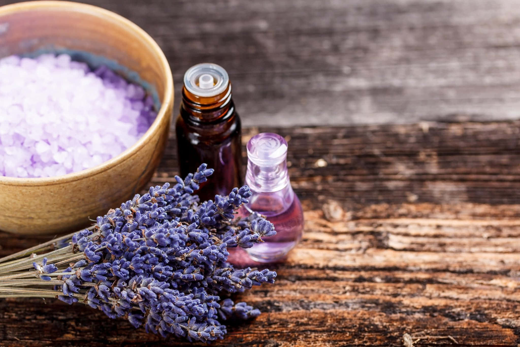 lavender sprigs, wooden bowl, purple bath salts, Full HD Desktop Wallpaper